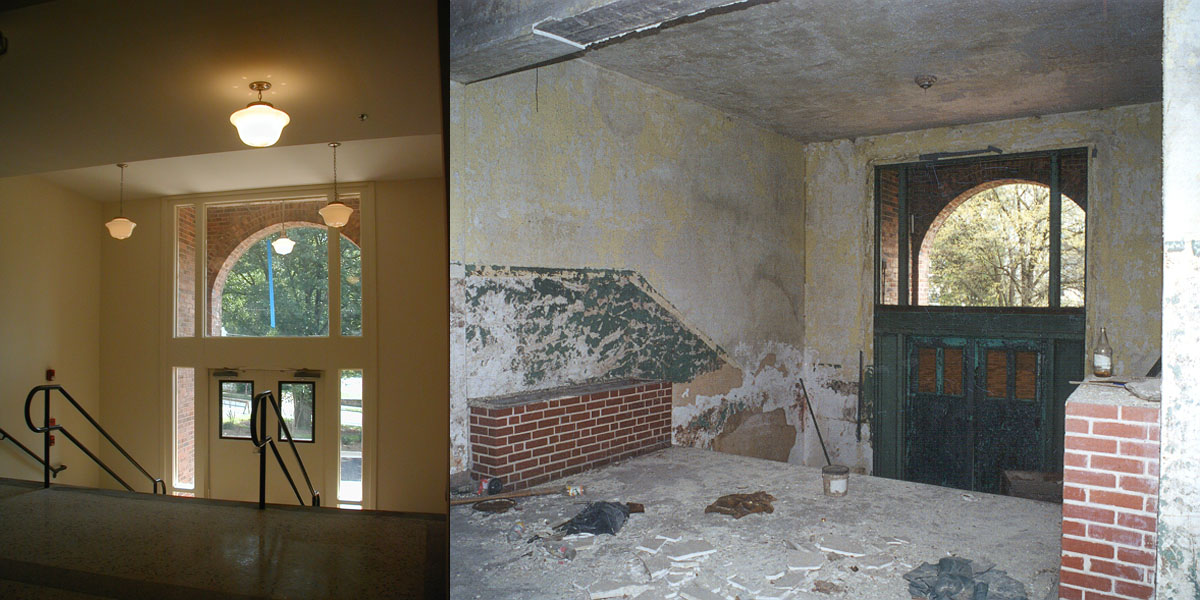 Crogman School Lofts Atlanta, GA interior entrance before and after